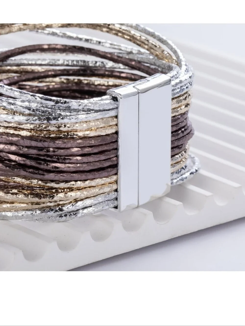 Multi-Tone Metallic Wrap Bracelet - Silver and Brown